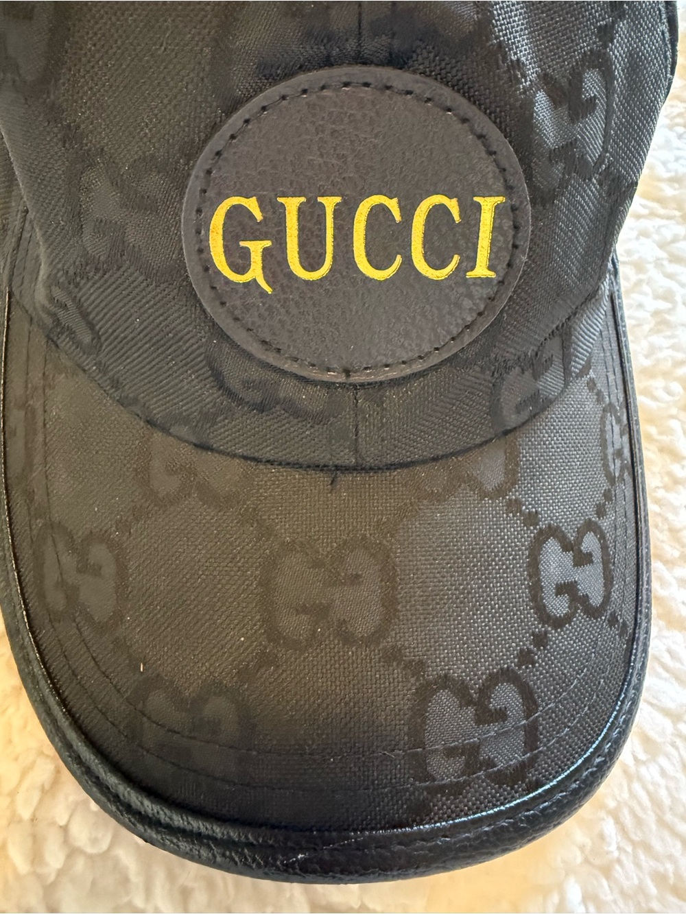 Gucci Black Monogram Canvas Cap with Yellow Logo Patch